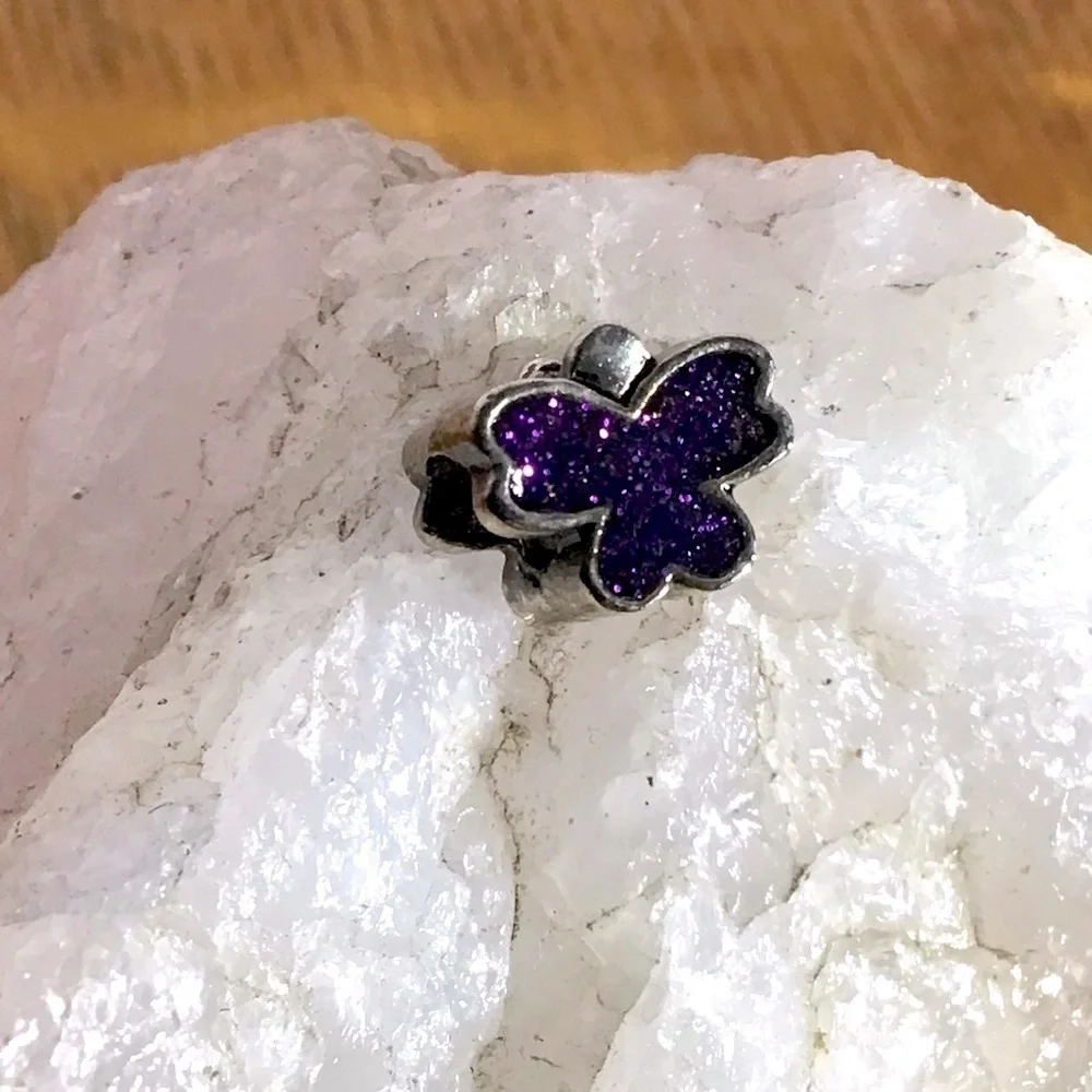 Purple Butterfly Silver Tone Glitter Charm Bead Spacer - Picture 1 of 3